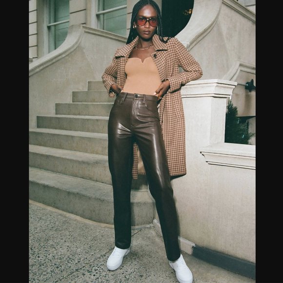 Abercrombie & Fitch Vegan Leather '90s Straight Pants β Dark Brown β 33 Long - Picture 2 of 5